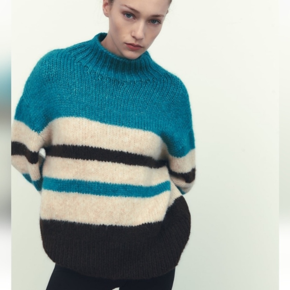 ZARA Chunky Knit Striped Turtleneck Sweater Teal Cream Brown